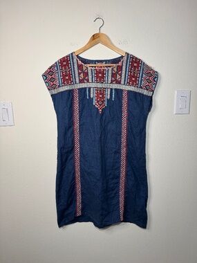 Johnny Was Mini Linen Embroidered Dress Women's MD Blue Multi Boho